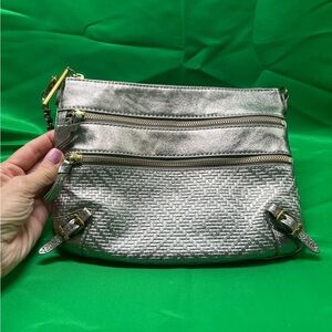 Elliott Lucca Tri Gold Metallic Woven Purse Long Strap Multi Pocket EUC (P3)